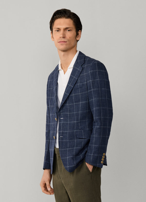Linen-Cotton Windowpane Check Blazer