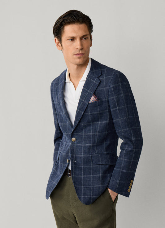 Linen-Cotton Windowpane Check Blazer