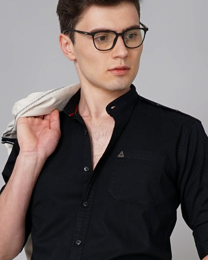 Button Mandarin Black Solid Shirt
