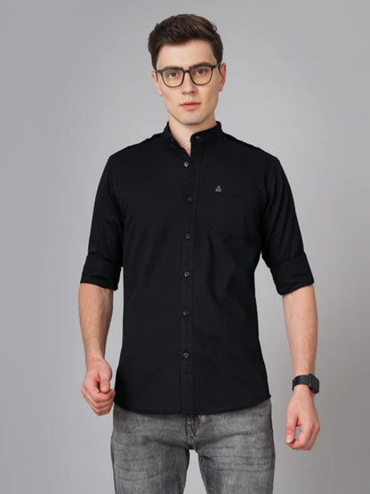 Button Mandarin Black Solid Shirt