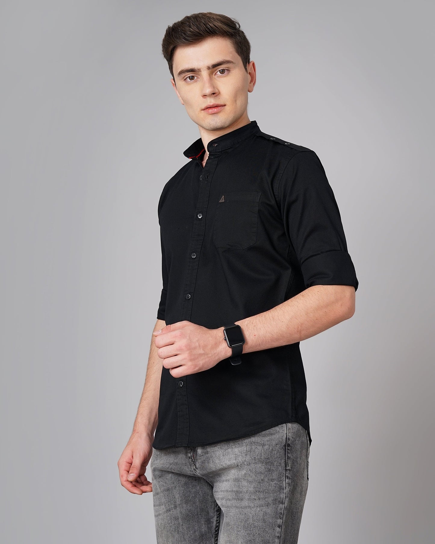 Button Mandarin Black Solid Shirt