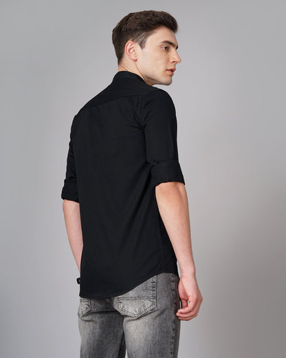 Button Mandarin Black Solid Shirt