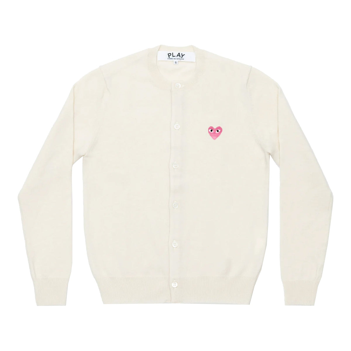 CDG PLAY Crewneck Cardigan ¨C White, Small Pink Heart
